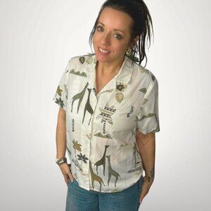 Vintage Paradise Bay Safari Print Shirt Giraffe Tropical Button Up M